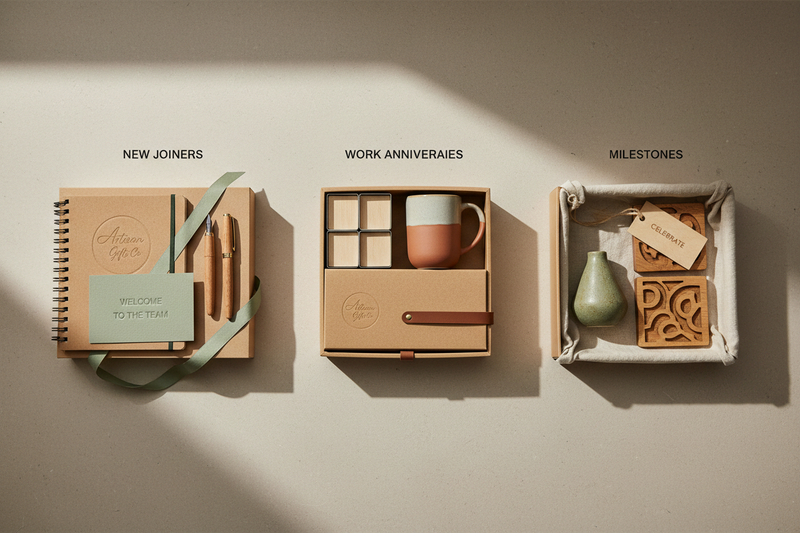 Thoughtful, minimal kits designed for new joiners, work anniversaries, and internal milestones.